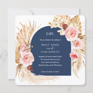 Navy Pampas Grass Modern Boho Floral Square  Invitation
