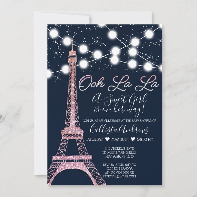 Navy Paris Eiffel Tower Glitter Lights Baby Shower Invitation (Front)