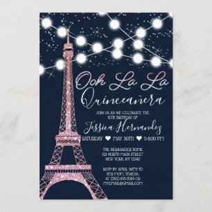 Navy Paris Eiffel Tower Glitter Lights Quinceañera Invitation