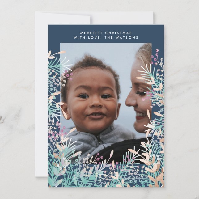 Navy Pastel Berries Christmas Holiday Photo Card (Front)
