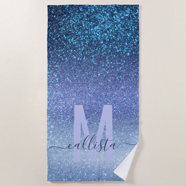 Navy Pastel Blue Triple Glitter Ombre Gradient Beach Towel (Front)