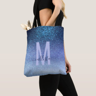 Navy Pastel Blue Triple Glitter Ombre Gradient Tote Bag