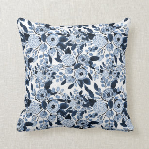 Navy Pastel Blue Watercolor Floral Pattern Cushion