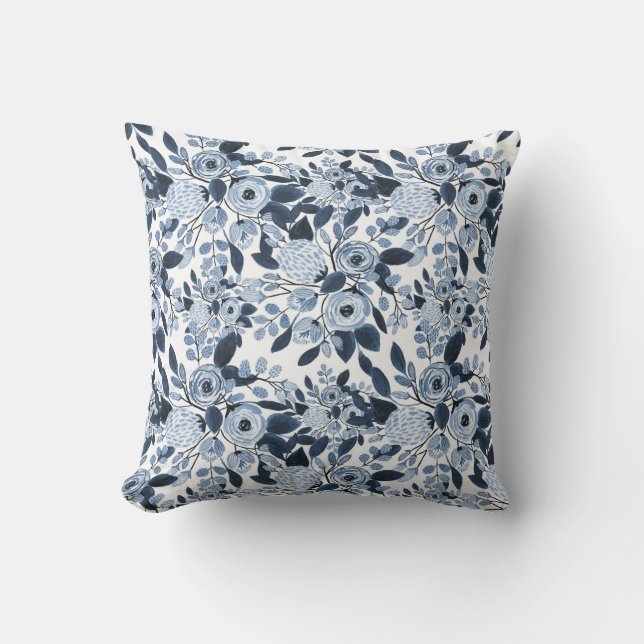 Navy Pastel Blue Watercolor Floral Pattern Cushion (Front)