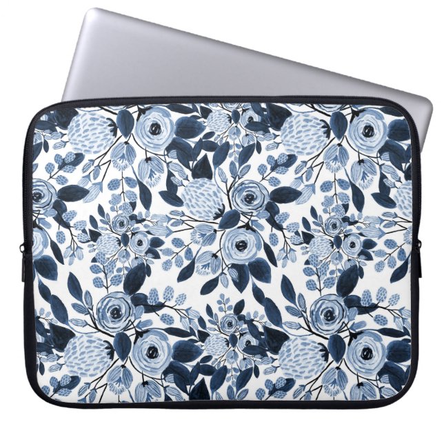 Navy Pastel Blue Watercolor Floral Pattern Laptop Sleeve (Front)