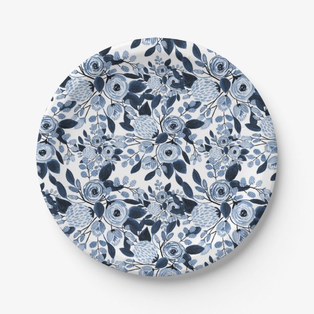 Navy Pastel Blue Watercolor Floral Pattern Paper Plate (Front)