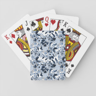 Navy Pastel Blue Watercolor Floral Pattern Playing Cards