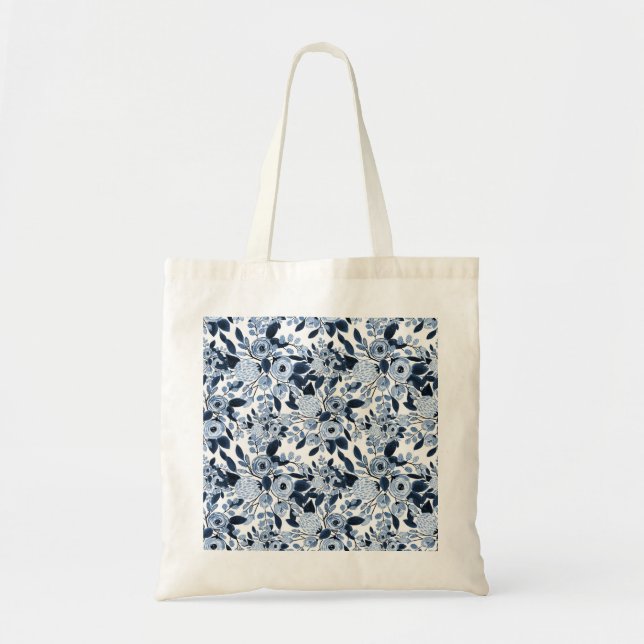 Navy Pastel Blue Watercolor Floral Pattern Tote Bag (Front)