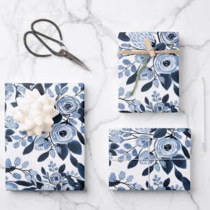 Navy Pastel Blue Watercolor Floral Pattern Wrapping Paper Sheet