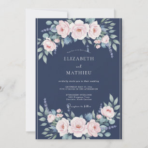 Navy Pastel Floral Romance Wedding Invitation