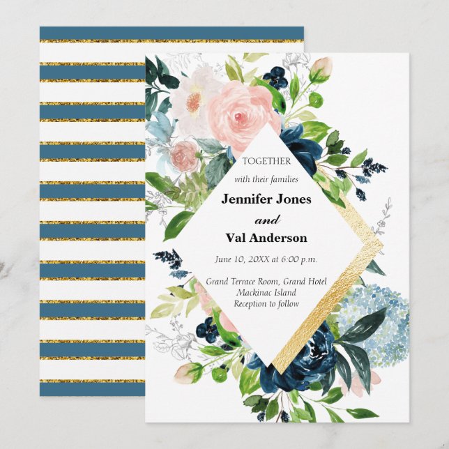 Navy Peach and Gold Watercolor Floral Wedding Invitation (Front/Back)
