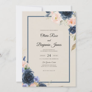 Navy Peach Bloom Wedding Invitation