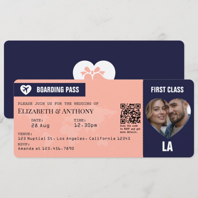 Navy & Peach Boarding Pass Wedding Invitation (Front/Back)