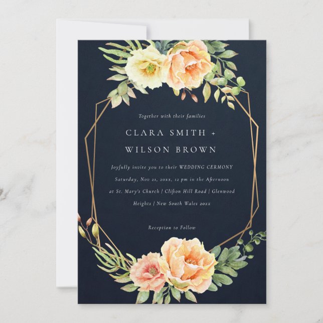 NAVY PEACH DESERT SUCCULENT CACTI FOLIAGE WEDDING INVITATION (Front)