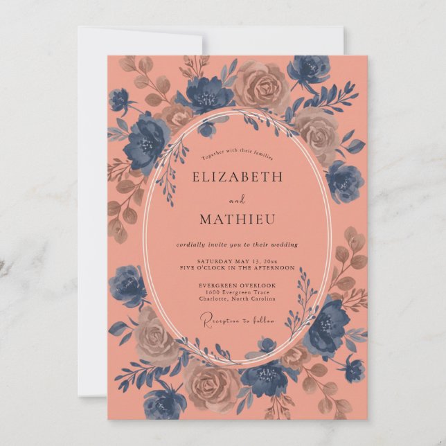 Navy Peach Elegant Floral Wedding Invitation (Front)