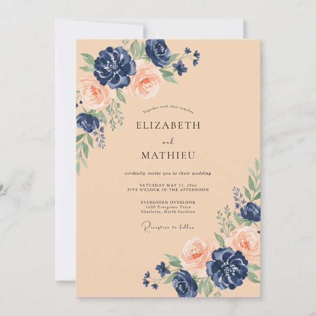 Navy Peach Floral Bloom Wedding Invitation (Front)