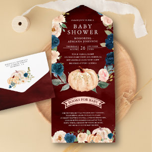 Navy Peach Floral Pumpkin Burgundy Red Baby Shower All In One Invitation