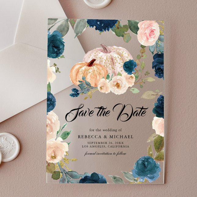 Navy Peach Floral Pumpkin Wedding Save the Date Acrylic Invitations (Creator Uploaded)
