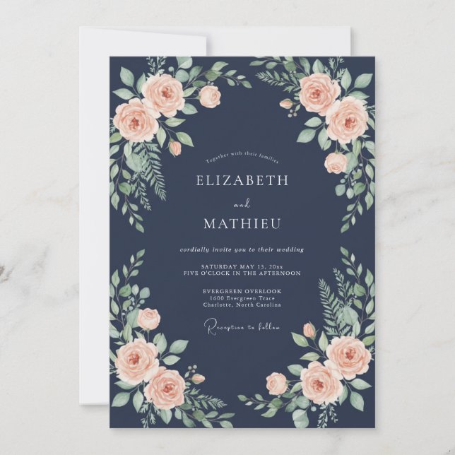 Navy Peach Floral Watercolor Wedding Invitation (Front)