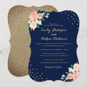 Navy Peach Gold Floral Confetti Wedding Invitation