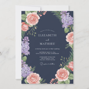 Navy Peach Lavender Floral Wedding Invitation