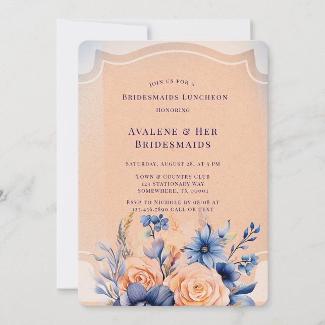 Navy Peach Painted Floral Bridesmaids Luncheon Invitation (Front)