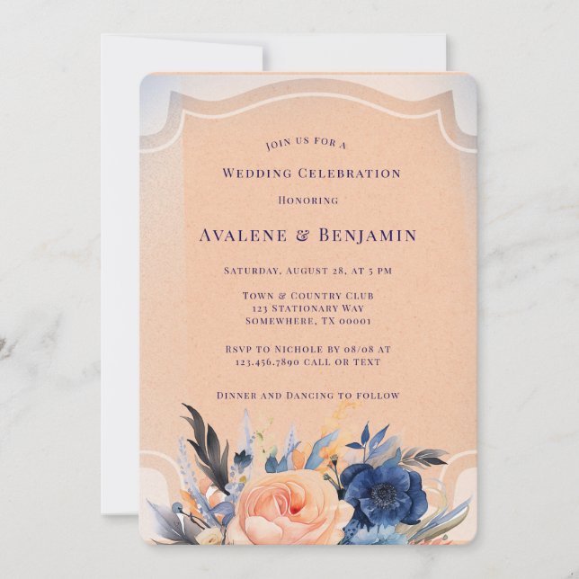 Navy Peach Painted Floral Wedding Celebration  Invitation (Front)