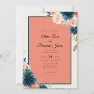 Navy Peach Rose Wedding Invitation