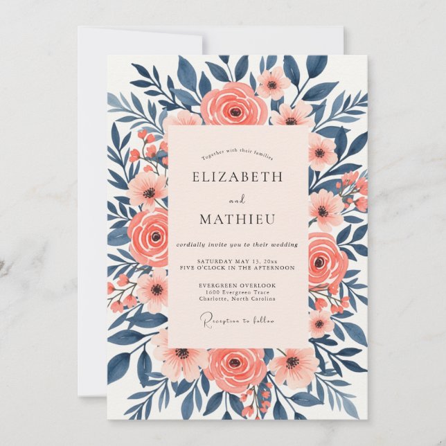 Navy Peach Serene Floral Wedding Invitation (Front)