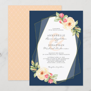 Navy Peach Watercolor Flowers Geometric Wedding Invitation