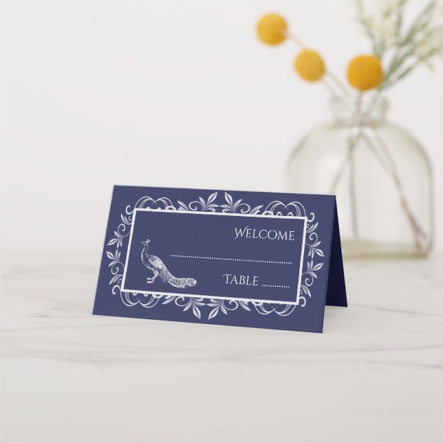 Navy Peacock Flourish Reception Place Card (Front)