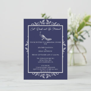 Navy Peacock Flourish Rehearsal Dinner Invitation