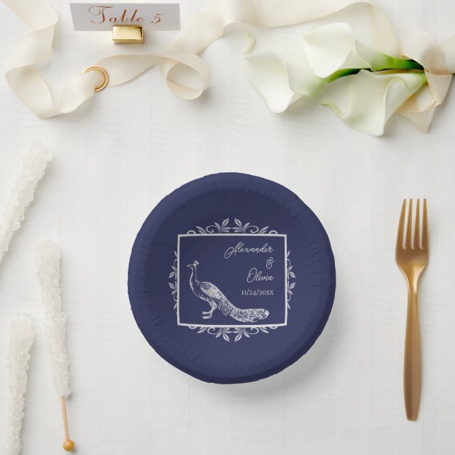 Navy Peacock Flourish Wedding Shower Paper Bowls Paper Plate (Wedding)
