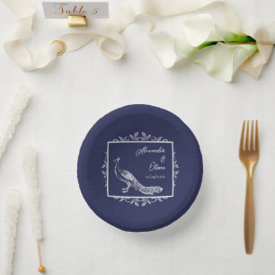 Navy Peacock Flourish Wedding Shower Paper Bowls Plate