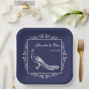 Navy Peacock Flourish Wedding Shower Paper Plates