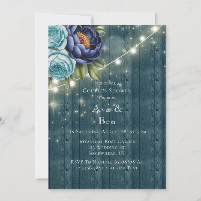 Navy Peonies and Turquoise Rose Couples Shower Invitation (Front)