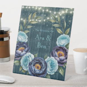 Navy Peonies and Turquoise Rose Light Wedding Pedestal Sign