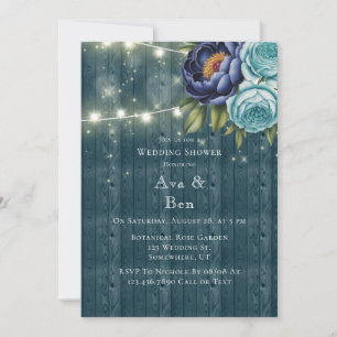 Navy Peonies and Turquoise Rose Wedding Shower Invitation