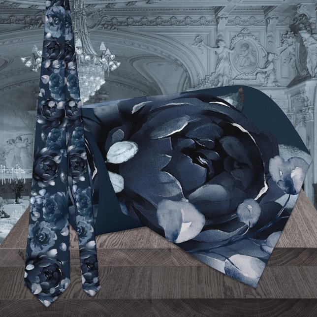 Navy Peonies Silver Eucalyptus Wedding Tie (Creator Uploaded)