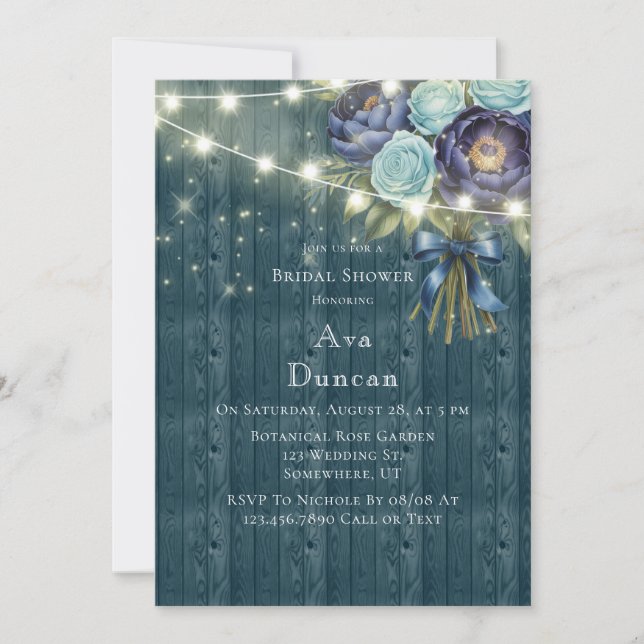 Navy Peonies & Turquoise Rose Bridal Shower Invitation (Front)