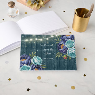 Navy peony and turquoise Roses Floral Wedding Guest Book