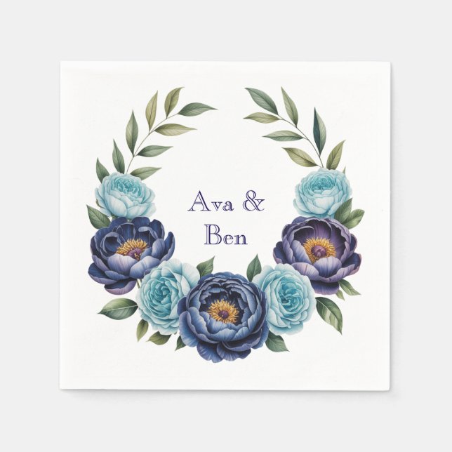 Navy peony and turquoise Roses Floral Wedding Napkin (Front)