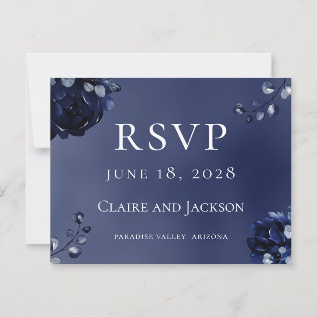 Navy Peony Assembly RSVP Mail Back Card (Front)