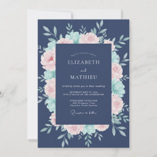 Navy Peony Blossom Romance Wedding Invitation