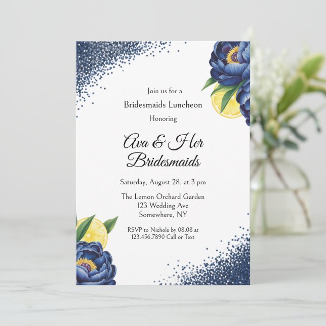 Navy Peony Citrus Paint Floral Bridesmaid Luncheon Invitation (Standing Front)