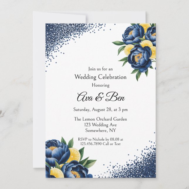 Navy Peony Citrus Paint Floral Wedding Celebration Invitation (Front)
