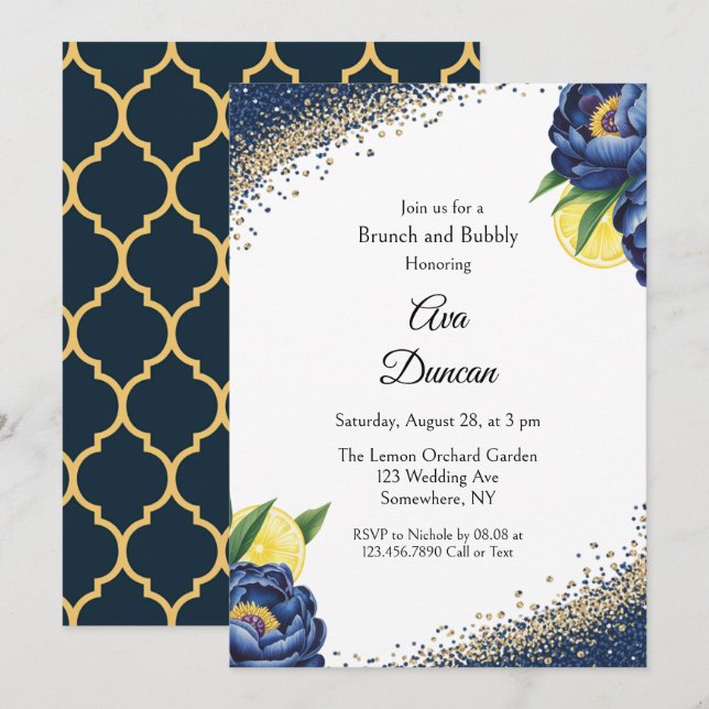 Navy Peony Citrus Painted Floral Brunch & Bubbly Invitation (Front/Back)