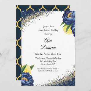 Navy Peony Citrus Painted Floral Brunch & Bubbly Invitation