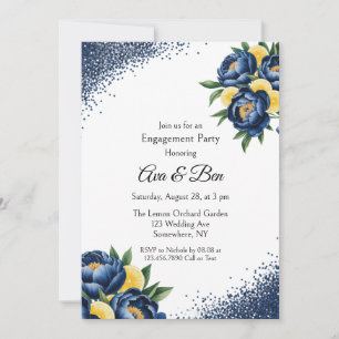 Navy Peony Citrus Painted Floral Engagement Party Invitation