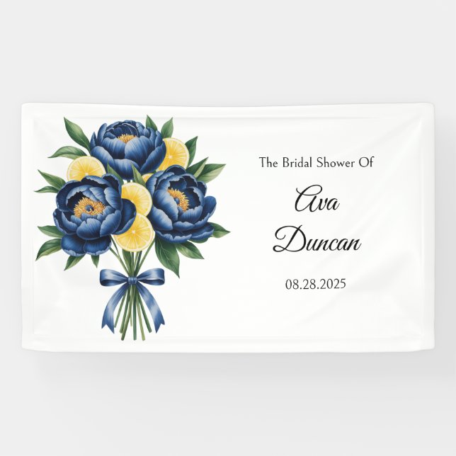 Navy Peony Citrus Watercolor Floral Bridal Shower Banner (Horizontal)